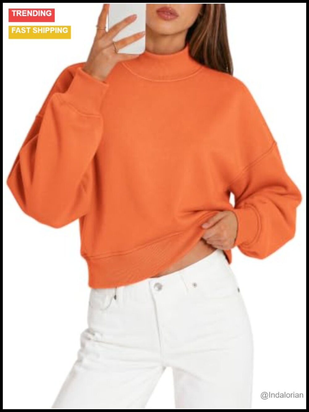 Womens Mock Neck Cropped Sweatshirt Cotton Polyester Long Sleeve Pullover